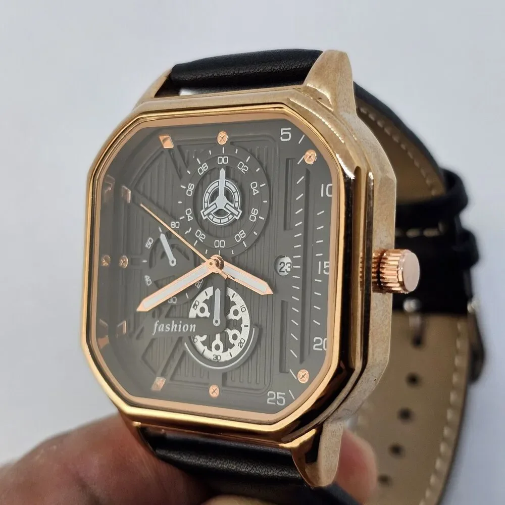 Men's Watch 42MM Black Dial‎ Gold Case Black Leather Band Straps Date Indicator